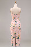 Bodycon roze vierkante hals midi bloemenjurk met split
