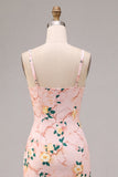 Bodycon roze vierkante hals midi bloemenjurk met split