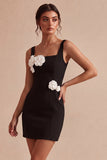 Vierkante hals bodycon kleine witte jurk met 3D-bloemen