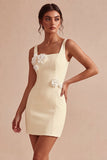 Vierkante hals bodycon kleine witte jurk met 3D-bloemen