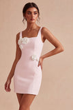 Vierkante hals bodycon kleine witte jurk met 3D-bloemen