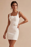 Vierkante hals bodycon kleine witte jurk met 3D-bloemen