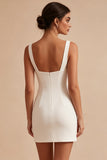 Vierkante hals bodycon kleine witte jurk met 3D-bloemen