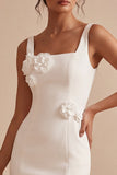 Vierkante hals bodycon kleine witte jurk met 3D-bloemen