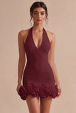 Halter Neck Bodycon Rugloos Klein Wit Jurkje met 3D-bloemen