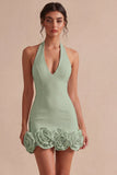 Halter Neck Bodycon Rugloos Klein Wit Jurkje met 3D-bloemen