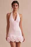 Halter Neck Bodycon Rugloos Klein Wit Jurkje met 3D-bloemen