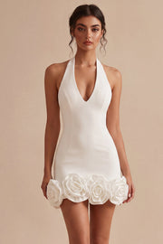 Halter Neck Bodycon Rugloos Klein Wit Jurkje met 3D-bloemen