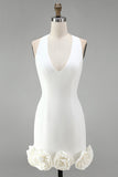 Halter Neck Bodycon Rugloos Klein Wit Jurkje met 3D-bloemen
