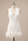 Halter Neck Bodycon Rugloos Klein Wit Jurkje met 3D-bloemen