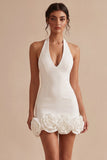 Halter Neck Bodycon Rugloos Klein Wit Jurkje met 3D-bloemen