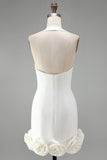 Halter Neck Bodycon Rugloos Klein Wit Jurkje met 3D-bloemen