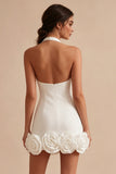 Halter Neck Bodycon Rugloos Klein Wit Jurkje met 3D-bloemen