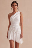 Eenschouder gerimpelde kant asymmetrisch bodycon Kleine witte jurk