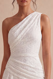 Eenschouder gerimpelde kant asymmetrisch bodycon Kleine witte jurk