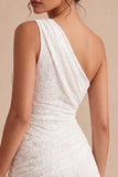 Eenschouder gerimpelde kant asymmetrisch bodycon Kleine witte jurk