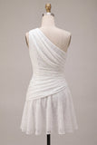 Eenschouder gerimpelde kant asymmetrisch bodycon Kleine witte jurk