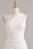 Eenschouder gerimpelde kant asymmetrisch bodycon Kleine witte jurk