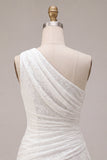 Eenschouder gerimpelde kant asymmetrisch bodycon Kleine witte jurk