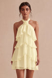 A-lijn halter hals bloemen chiffon kleine witte jurk met ruches