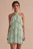 A-lijn halter hals bloemen chiffon kleine witte jurk met ruches