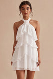 A-lijn halter hals bloemen chiffon kleine witte jurk met ruches