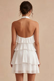 A-lijn halter hals bloemen chiffon kleine witte jurk met ruches