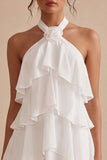 A-lijn halter hals bloemen chiffon kleine witte jurk met ruches