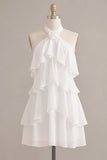 A-lijn halter hals bloemen chiffon kleine witte jurk met ruches