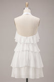 A-lijn halter hals bloemen chiffon kleine witte jurk met ruches