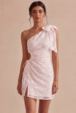 Bodycon Eenschouder Bloemen Kleine Witte Jurk met strik