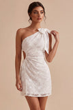 Bodycon Eenschouder Bloemen Kleine Witte Jurk met strik