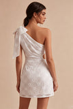 Bodycon Eenschouder Bloemen Kleine Witte Jurk met strik