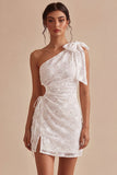 Bodycon Eenschouder Bloemen Kleine Witte Jurk met strik