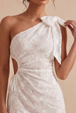 Bodycon Eenschouder Bloemen Kleine Witte Jurk met strik