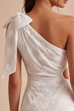 Bodycon Eenschouder Bloemen Kleine Witte Jurk met strik