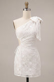 Bodycon Eenschouder Bloemen Kleine Witte Jurk met strik