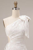 Bodycon Eenschouder Bloemen Kleine Witte Jurk met strik