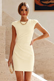 Ronde hals bodycon gerimpelde witte jurk met mouwenmutsen