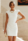 Ronde hals bodycon gerimpelde witte jurk met mouwenmutsen
