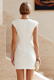 Ronde hals bodycon gerimpelde witte jurk met mouwenmutsen