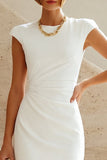 Ronde hals bodycon gerimpelde witte jurk met mouwenmutsen