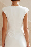 Ronde hals bodycon gerimpelde witte jurk met mouwenmutsen