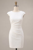 Ronde hals bodycon gerimpelde witte jurk met mouwenmutsen