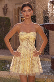 Gele A-lijn strapless pailletten homecomingjurk
