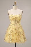 Gele A-lijn strapless pailletten homecomingjurk