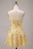 Gele A-lijn strapless pailletten homecomingjurk