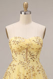 Gele A-lijn strapless pailletten homecomingjurk