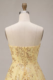 Gele A-lijn strapless pailletten homecomingjurk