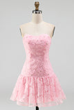 Roze A-lijn strapless parelmoer bloemen korte homecoming jurk